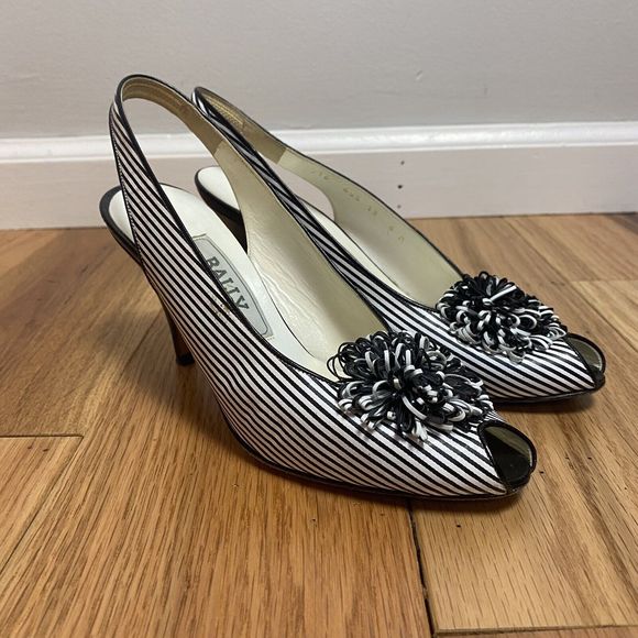Bally Pom Pom Peep Toe Heels Black White Stripe Slingback,‎ Size 6. 3” Heel - Picture 1 of 13